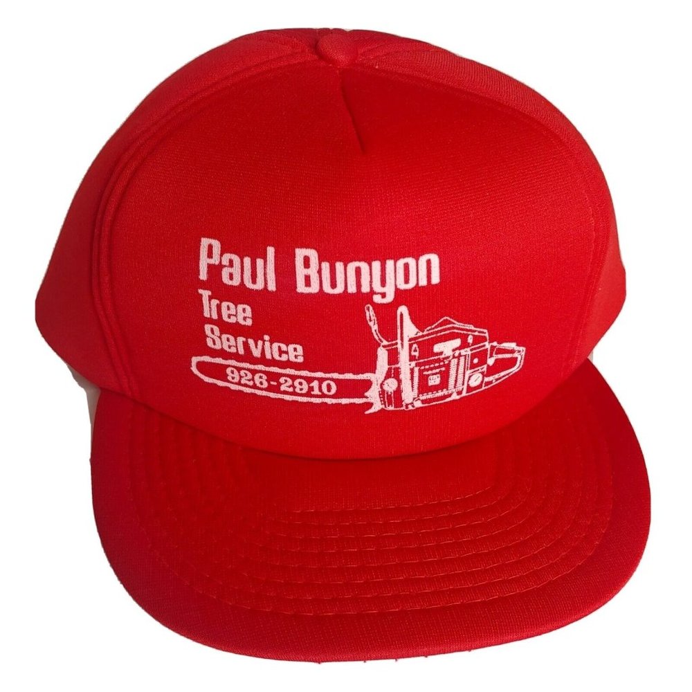 Vintage Paul Bunyon Tree Service Cap Foam Trucker Snap Back Red Hat Adjustable - Picture 1 of 7